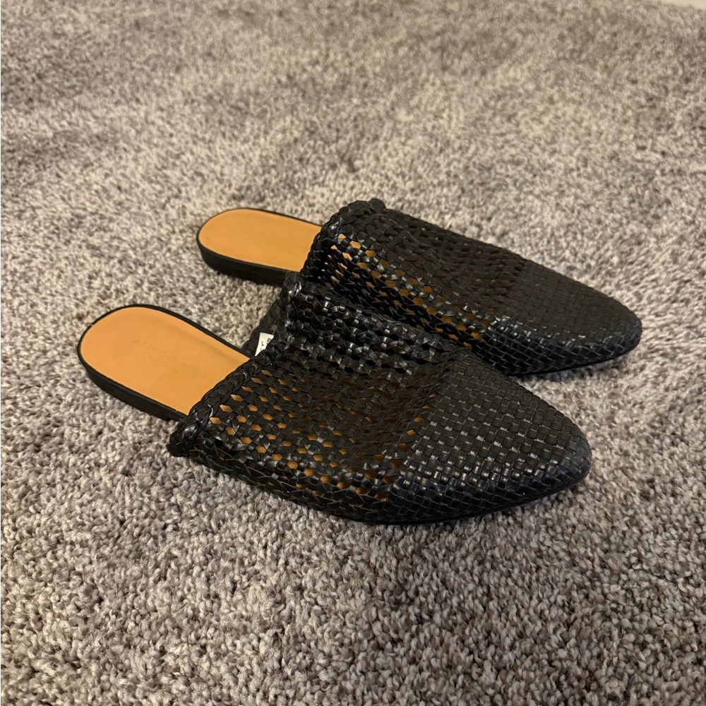 Black Woven Slip-On Mules